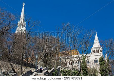 Budapest, Hungary - April, 2018: Fisherman Bastion A Terrace Located On The Buda Bank Of The Danube 