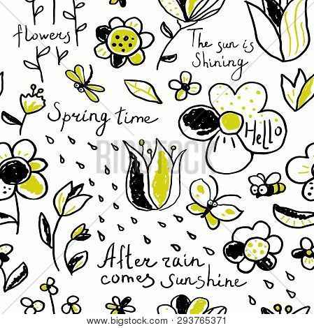 Seamless Summer Floral Pattern With  Flowers, Leaves, Bee, Dragonfly And Butterfly On A White Backgr