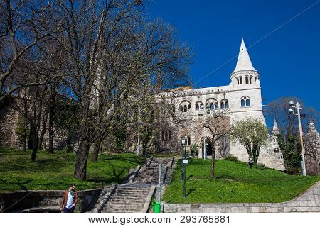 Budapest, Hungary - April, 2018: Fisherman Bastion A Terrace Located On The Buda Bank Of The Danube 