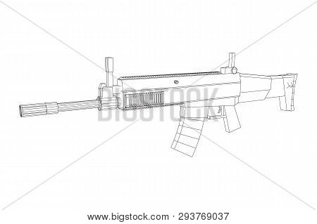 Assault Rifle, Automatic Fire Rifle Model Wireframe Low Poly Mesh Vector Illustration