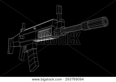 Assault Rifle, Automatic Fire Rifle Model Wireframe Low Poly Mesh Vector Illustration