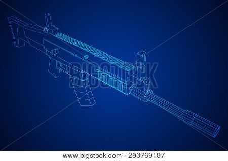 Assault Rifle, Automatic Fire Rifle Model Wireframe Low Poly Mesh Vector Illustration