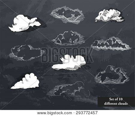 Hand Drawn Vintage Engraved Clouds Vector Set. Detailed Ink Illustration. Sky, Heaven, Cloud Sketch,