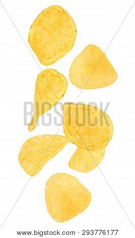 Falling Potato Chips Isolated On White Background.