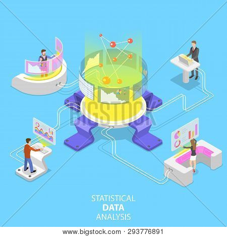 Flat Isometric Vector Concept Of Statictical Data Analysis And Analytics.