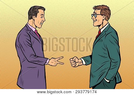 Businessmen Game Rock Paper Scissors. Pop Art Retro Vector Illustration Vintage Kitsch 50s 60s