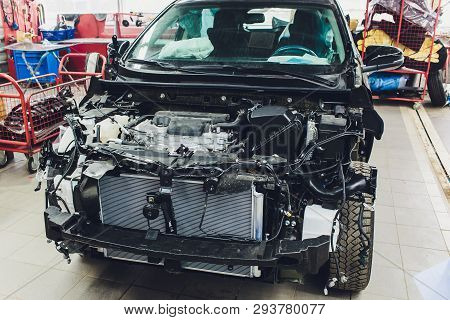 Wires From The Car Wiring Lies In The Cabin Of The Dismantled Car With Connectors And Plugs, A View 