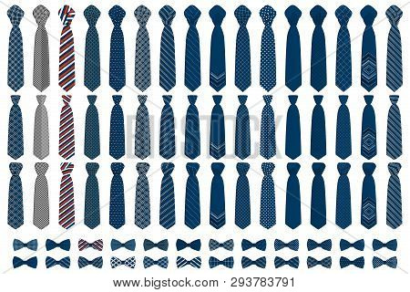 Illustration On Theme Big Colored Set Neckties Different Types, Bow Tie Various Size. Necktie Consis