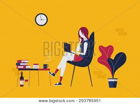 Young Woman Running Remotely, Job On Laptop, Communicates Through Messenger, Social Networks