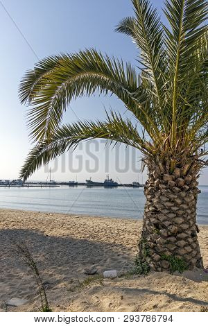 Nea Moudania, Greece - March 31, 2019: Coastal Street Of Town Of Nea Moudania, Chalkidiki, Central M