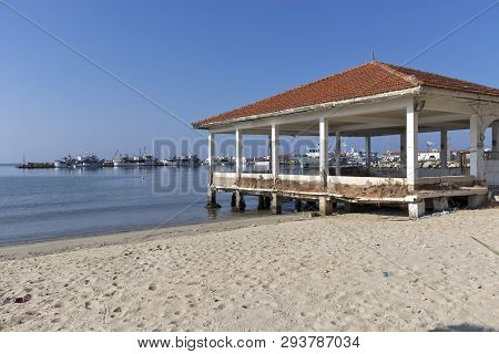 Nea Moudania, Greece - March 31, 2019: Coastal Street Of Town Of Nea Moudania, Chalkidiki, Central M