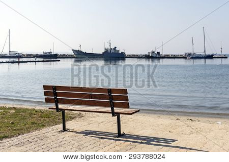 Nea Moudania, Greece - March 31, 2019: Coastal Street Of Town Of Nea Moudania, Chalkidiki, Central M