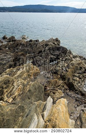 Ammouliani, Greece - April 3, 2015: Coastline Of Ammouliani Island, Athos, Chalkidiki, Central Maced