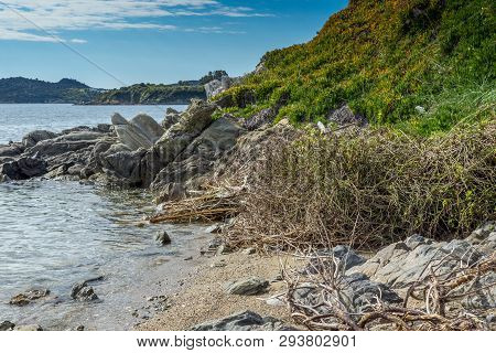Ammouliani, Greece - April 3, 2015: Coastline Of Ammouliani Island, Athos, Chalkidiki, Central Maced