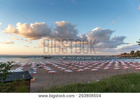 Chernomorets, Bulgaria - August 10, 2018:  Amazing Sunset View Of Beach Of Chernomorets, Burgas Regi