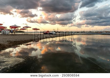 Chernomorets, Bulgaria - August 10, 2018:  Amazing Sunset View Of Beach Of Chernomorets, Burgas Regi
