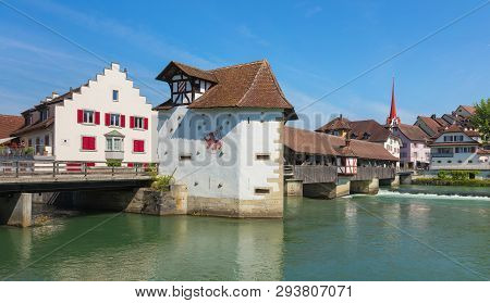 Bremgarten, Switzerland - June 16, 2018: Medieval Covered Bridge Over The Reuss River (german: Reuss