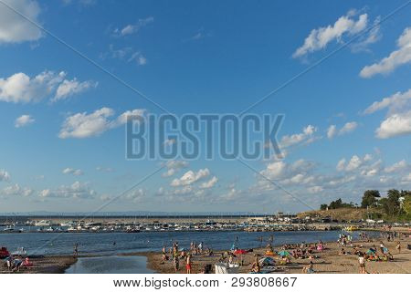 Chernomorets, Bulgaria - August 11, 2018:  Sunset View Of Beach Of Chernomorets, Burgas Region, Bulg