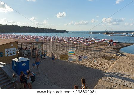 Chernomorets, Bulgaria - August 11, 2018:  Sunset View Of Beach Of Chernomorets, Burgas Region, Bulg