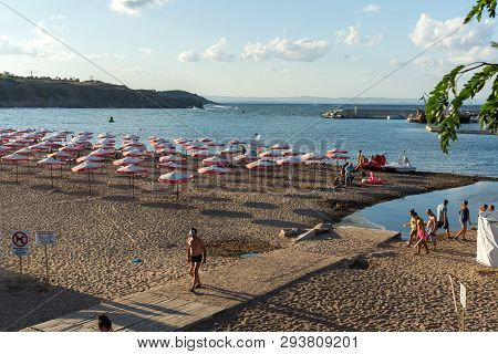 Chernomorets, Bulgaria - August 11, 2018:  Sunset View Of Beach Of Chernomorets, Burgas Region, Bulg