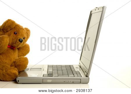 Orsacchiotto seduto davanti a un Computer portatile