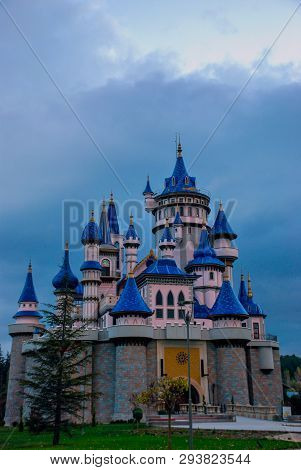 Eskisehir Sazova Fairy Castle On A Cloudy Day Front View