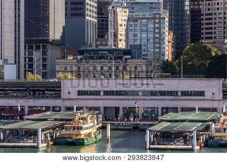 Sydney, Australia - February 12, 2019: Closeup Of Ferry Terminal And Circular Quay Railway Station. 
