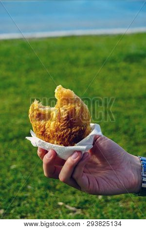 Traditional Smyrna Turkey Pastry Boyoz In Woman Hand Close Up View