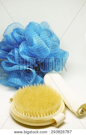 Bath Glove Fibre And Pouch On White Isolated Background