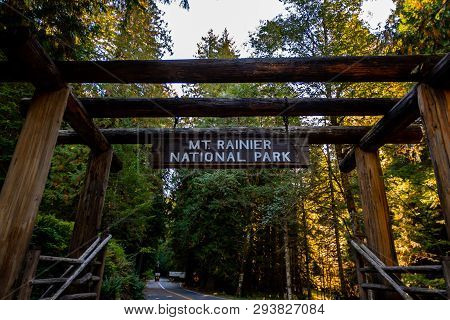 Loooking Up At Mt Rainier National Park Entrance Gate