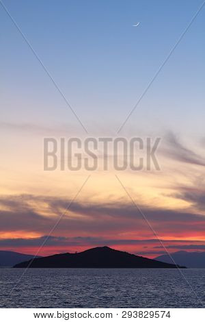 Seaside Town Of Turgutreis And Spectacular Sunsets. With New Moon