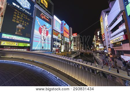 Osaka, Japan - April 13, 2016 : The Glico Man Advertising Billboard And Other Advertisemant On April