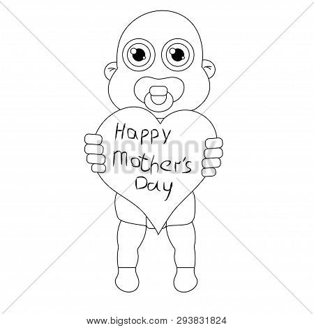 Baby Boy With Heart What Have Title Outline. Stock Vector Isolated Illustration