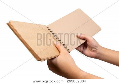 Close Up Of Open Brown Blank Notebook With Ring Loop Binding. Empty Wire-o Brown Notebook Holding Wi