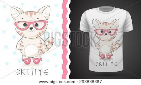 Pretty Kittty Idea For Print T-shirt. Hand Draw