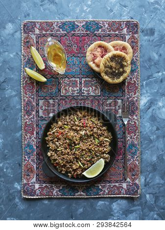 Indian Minced Meat Qeema On A Dark Background. Top View.