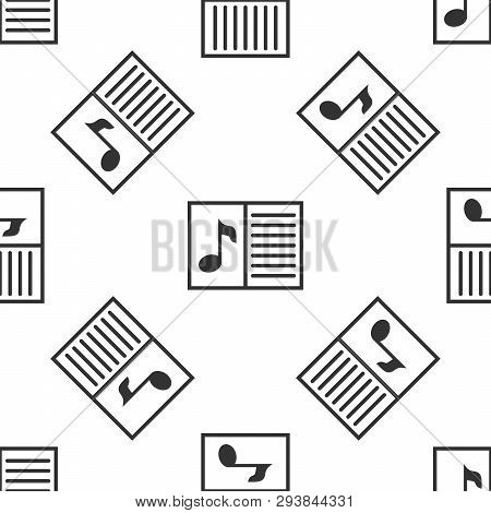 Grey Music Book With Note Icon Isolated Seamless Pattern On White Background. Music Sheet With Note 