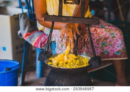 Boiling Yellow Silkworm Cocoons By Boiler To Make Silk Thread.