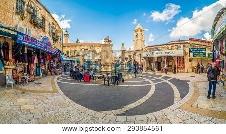 Jerusalem, Israel - March 27, 2019: Square With Fountain In Muristan, Famous Complex In Christian Qu