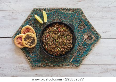 Indian Minced Meat Qeema On A White Wooden Table. Top View.