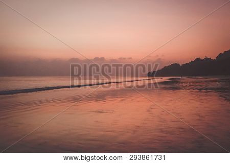 Nature In Twilight Period Which Including Of Sunrise Over The Sea And The Nice Beach. Summer Beach W