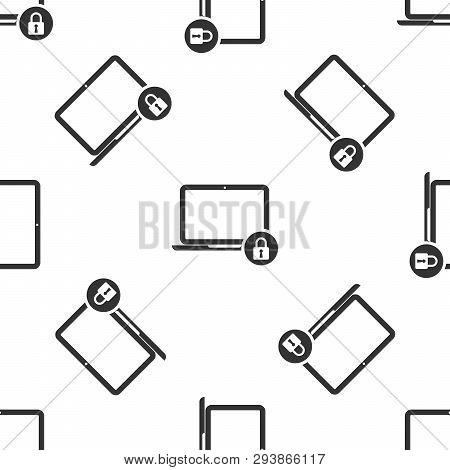 Grey Laptop And Lock Icon Isolated Seamless Pattern On White Background. Computer And Padlock. Secur