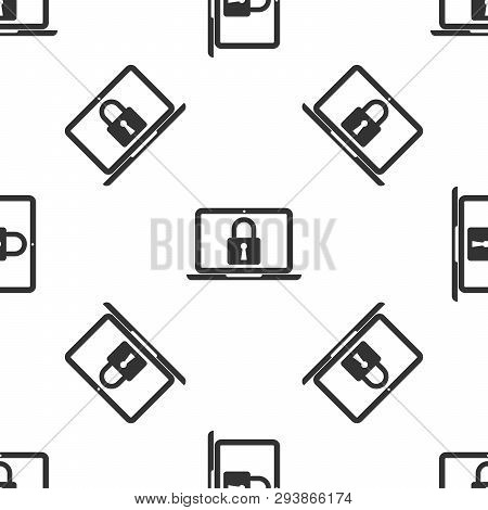 Grey Laptop And Lock Icon Isolated Seamless Pattern On White Background. Computer And Padlock. Secur