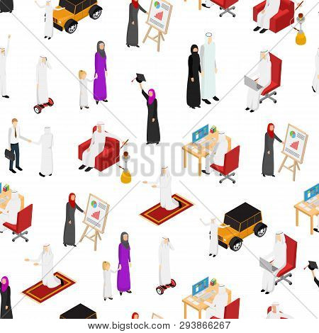 Arab Muslims People 3d Seamless Pattern Background Isometric View. Vector