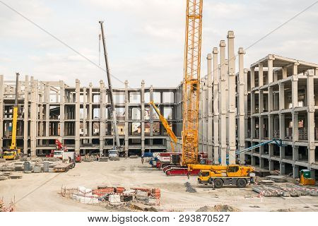 Sibiu, Romania - April 06, 2019. Workers At The Mall Festival Centrum Building Site