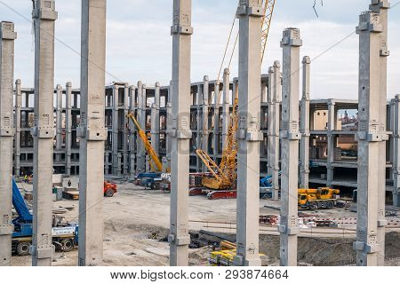 Sibiu, Romania - April 06, 2019. Workers At The Mall Festival Centrum Building Site
