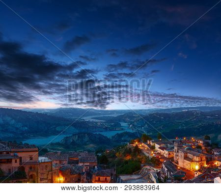 Sunrise Old Medieval Stilo Famos Calabria Village View, Southern Italy.