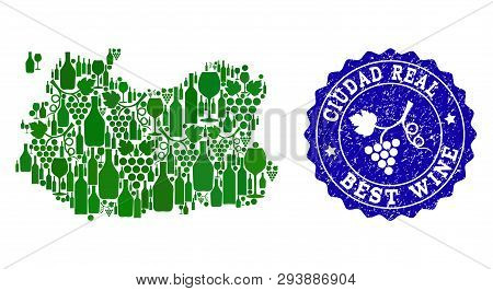 Vector Collage Of Grape Wine Map Of Ciudad Real Spanish Province And Blue Grunge Stamp For Best Wine