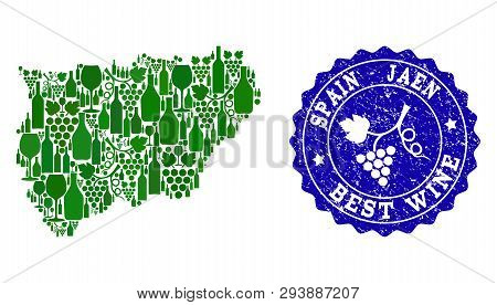 Vector Collage Of Grape Wine Map Of Jaen Spanish Spanish Province And Blue Grunge Stamp For Best Win
