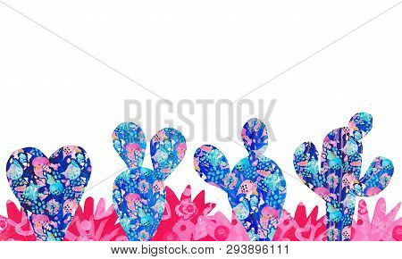Banner Hand Painted Set Of Decorative Cactus In Fantasy Style. Set Of Flowering Plants, Cactus Blue 